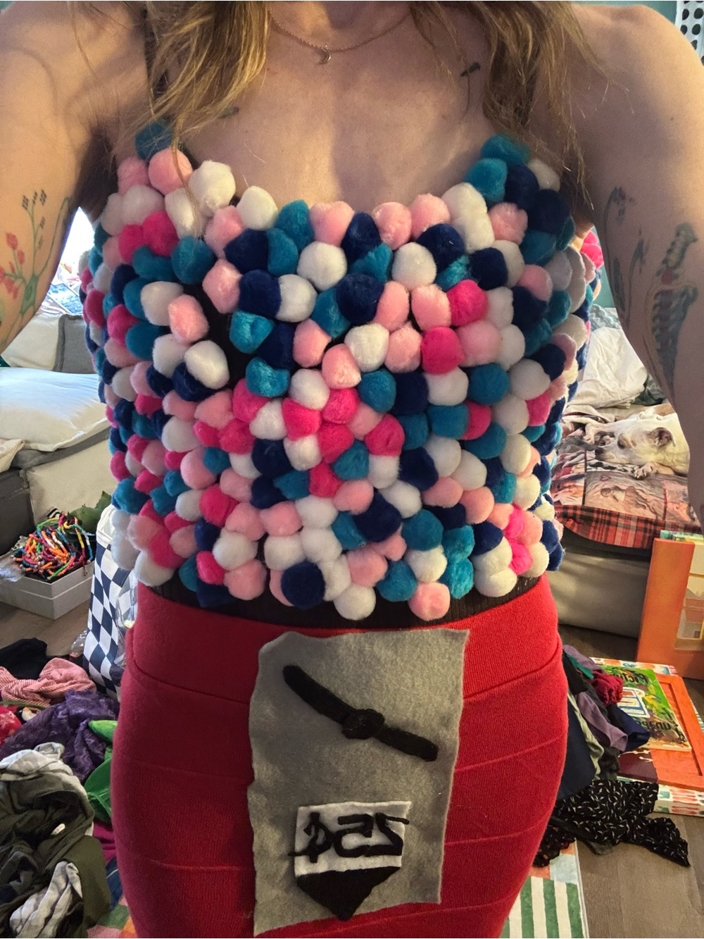 Colorful Pom-Pom Festival Tank Top in Pink, Blue & White